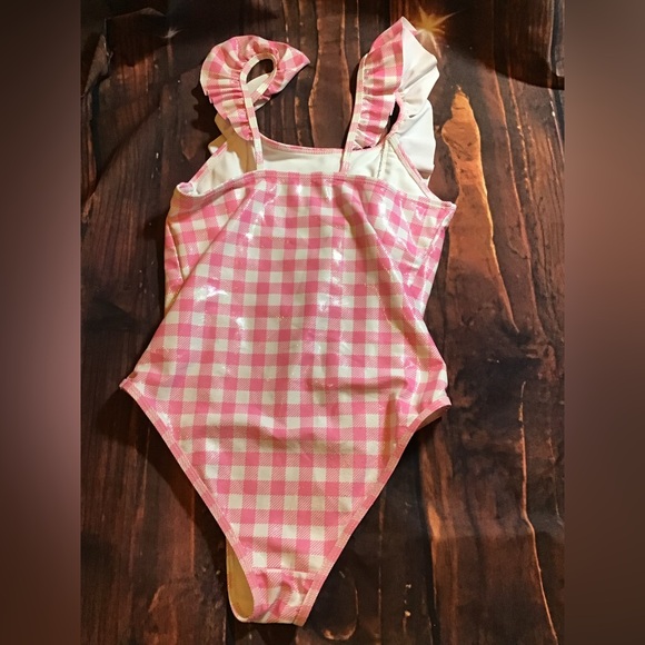 Tommy Bahama girls pink white ruffle trim checker one piece swimsuit size 12 - Picture 2 of 6